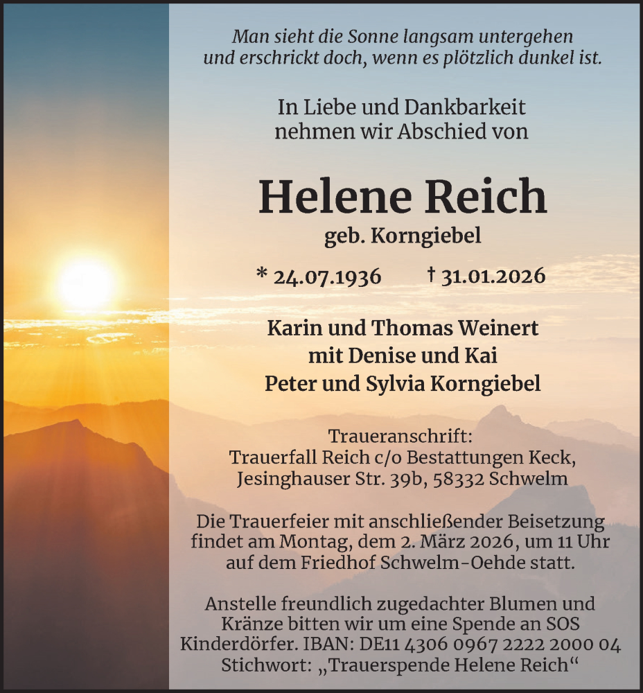  Traueranzeige für Helene Reich vom 14.02.2026 aus Tageszeitung