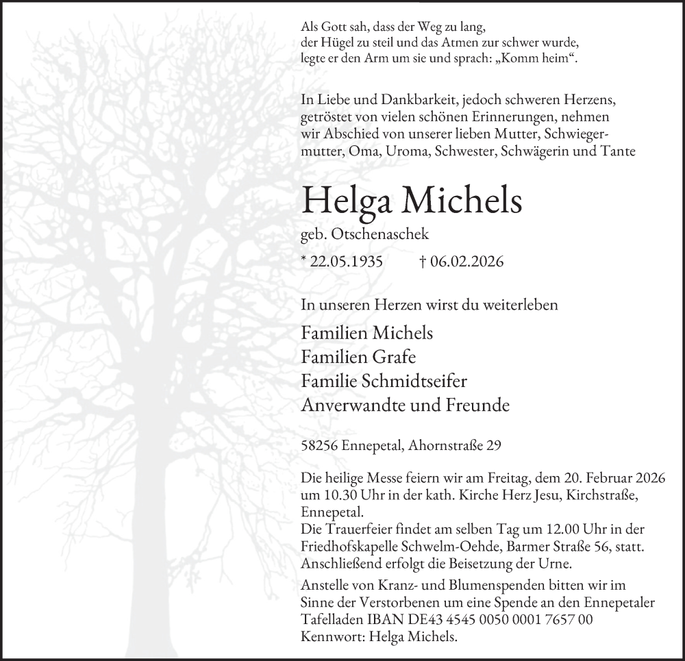  Traueranzeige für Helga Michels vom 14.02.2026 aus Tageszeitung