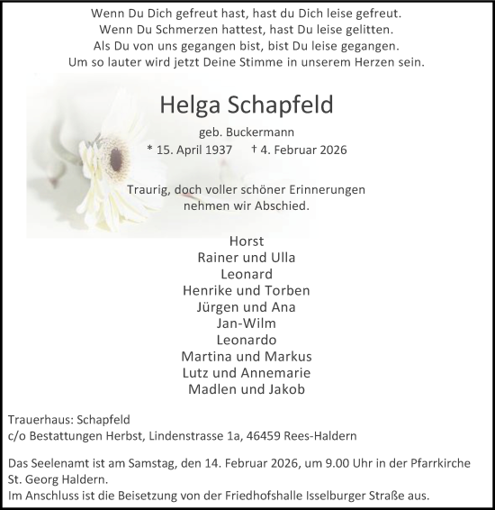 Traueranzeige von Helga Schapfeld von Tageszeitung