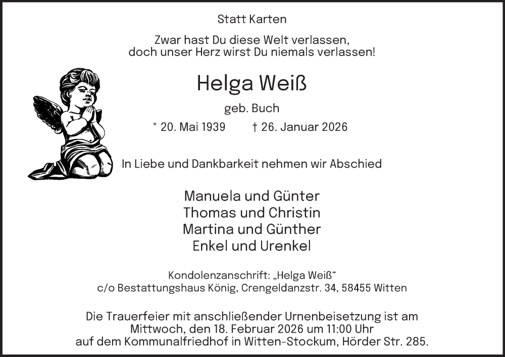  Traueranzeige für Helga Weiß vom 14.02.2026 aus Tageszeitung