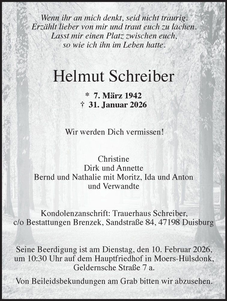  Traueranzeige für Helmut Schreiber vom 06.02.2026 aus Tageszeitung