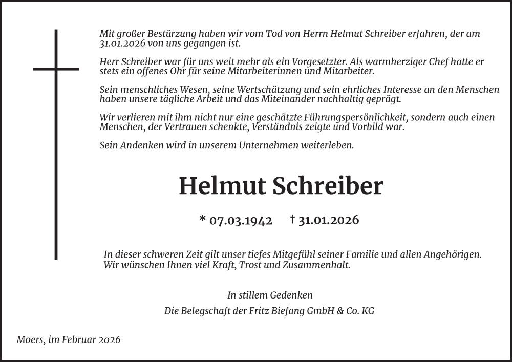 Traueranzeige für Helmut Schreiber vom 07.02.2026 aus Tageszeitung