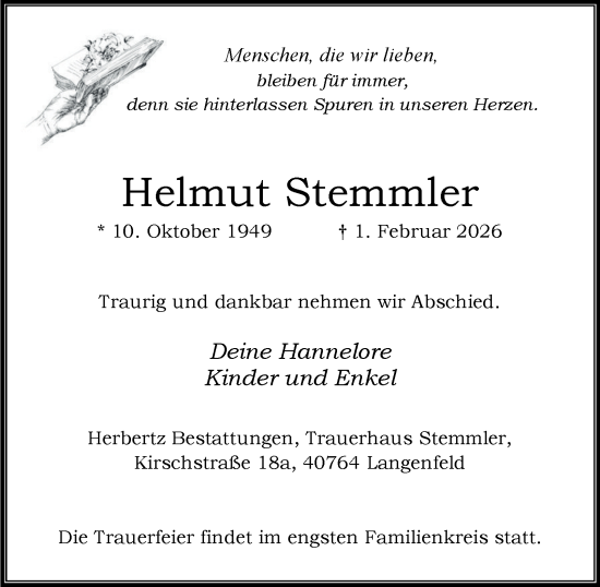 Traueranzeige von Helmut Stemmler von Tageszeitung
