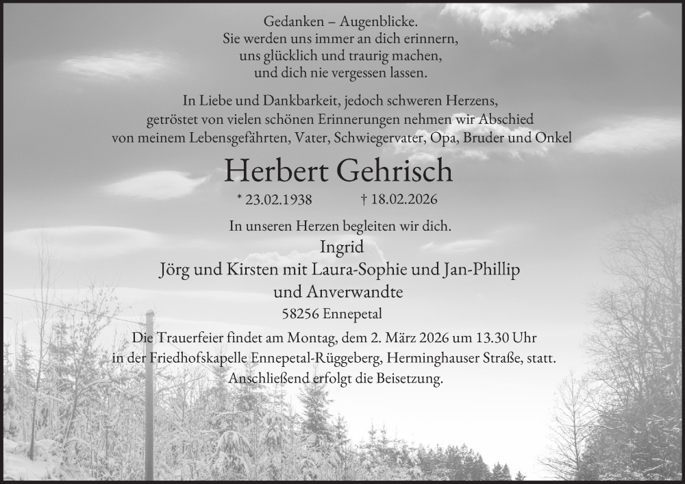  Traueranzeige für Herbert Gehrisch vom 21.02.2026 aus Tageszeitung