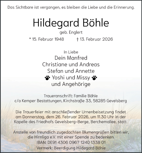 Traueranzeige von Hildegard Böhle von Tageszeitung