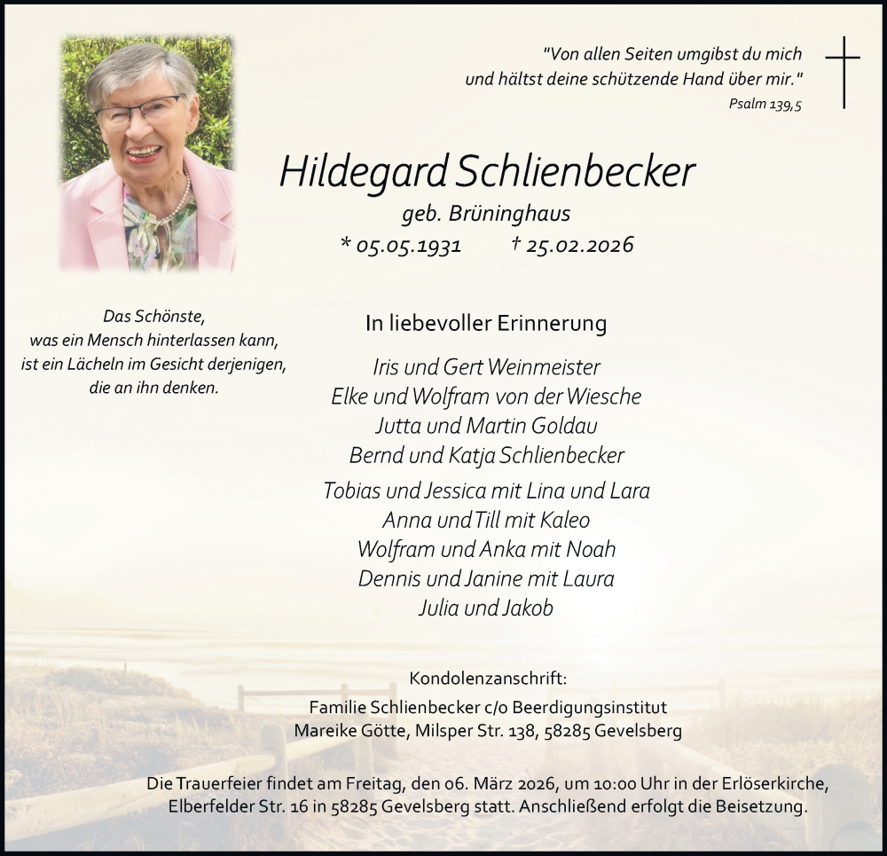  Traueranzeige für Hildegard Schlienbecker vom 28.02.2026 aus Tageszeitung