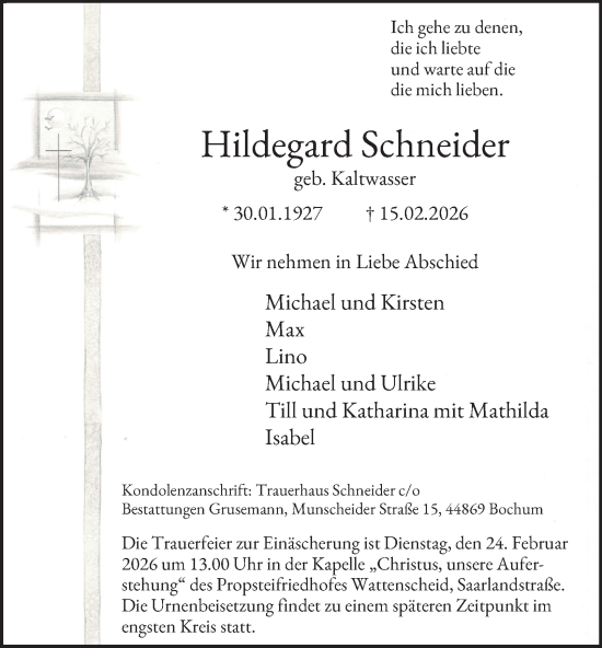 Traueranzeige von Hildegard Schneider von Tageszeitung