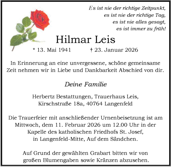 Traueranzeige von Hilmar Leis von Tageszeitung