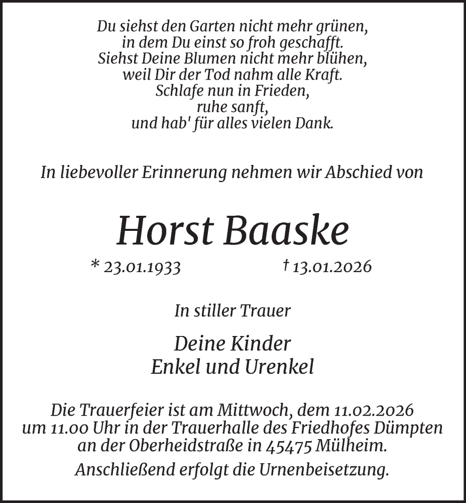  Traueranzeige für Horst Baaske vom 07.02.2026 aus Tageszeitung