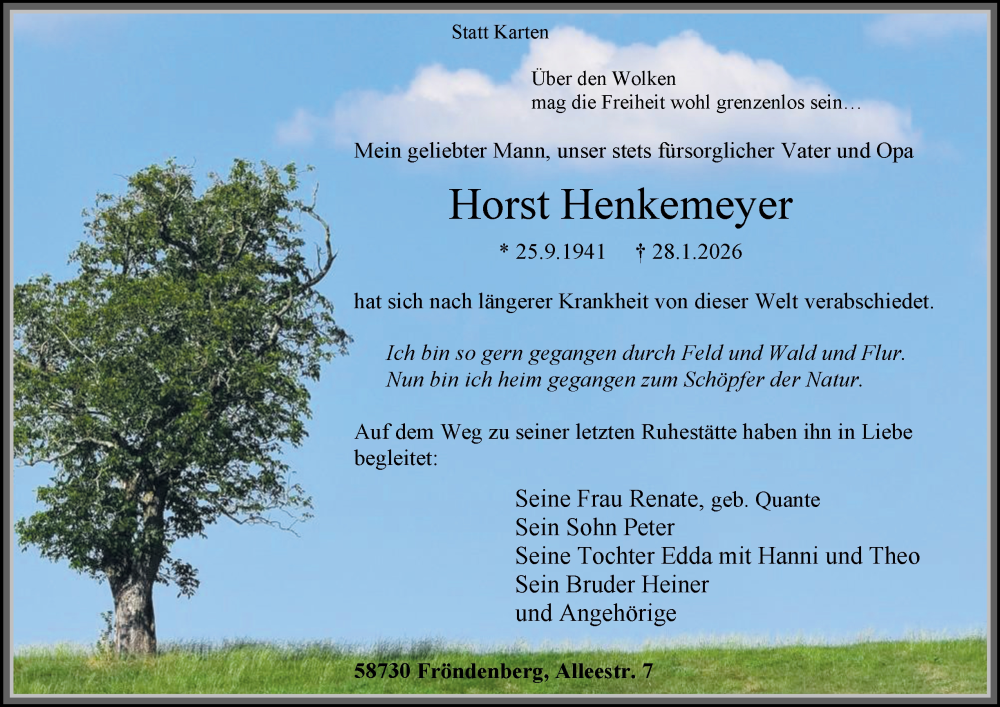  Traueranzeige für Horst Henkemeyer vom 07.02.2026 aus Tageszeitung