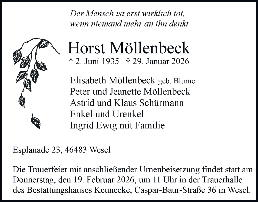  Traueranzeige für Horst Möllenbeck vom 14.02.2026 aus Tageszeitung