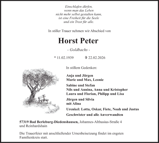 Traueranzeige von Horst Peter von Tageszeitung