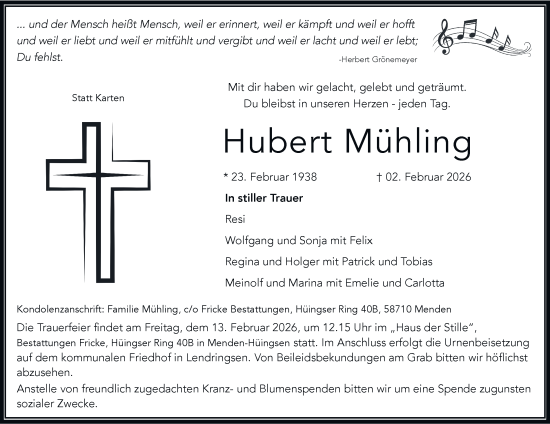 Traueranzeige von Hubert Mühling von Tageszeitung