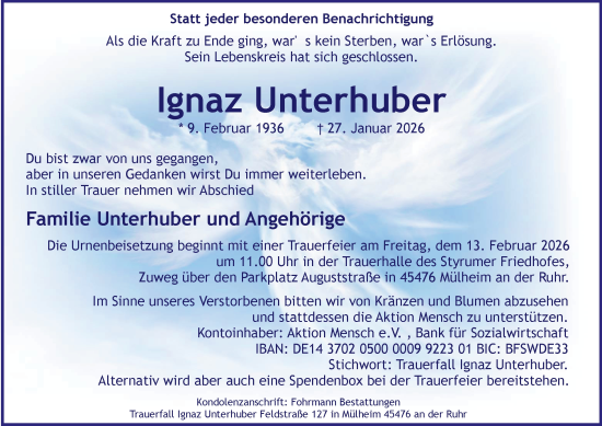 Traueranzeige von Ignaz Unterhuber von Tageszeitung