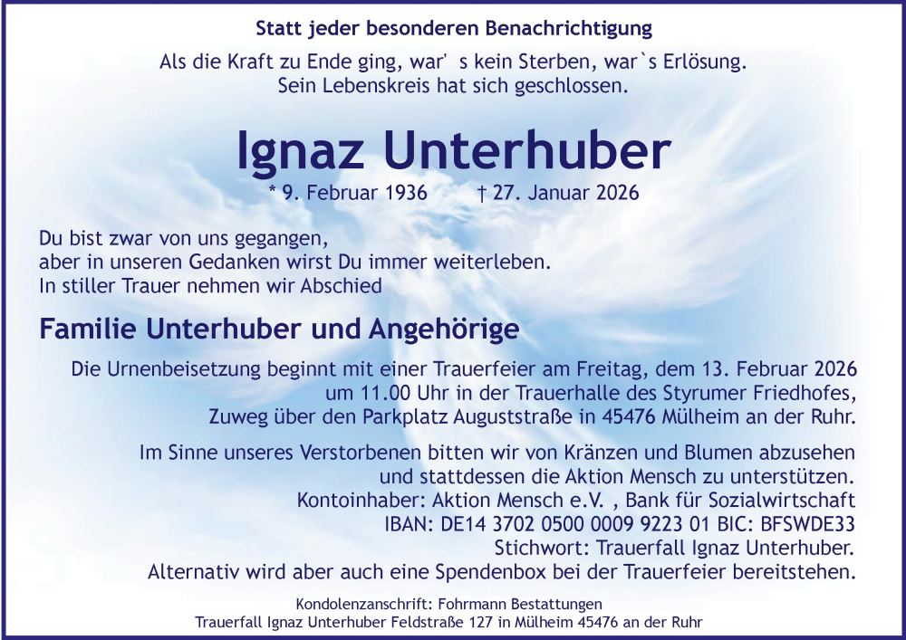  Traueranzeige für Ignaz Unterhuber vom 07.02.2026 aus Tageszeitung