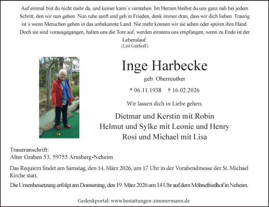 Traueranzeige von Inge Harbecke von Tageszeitung