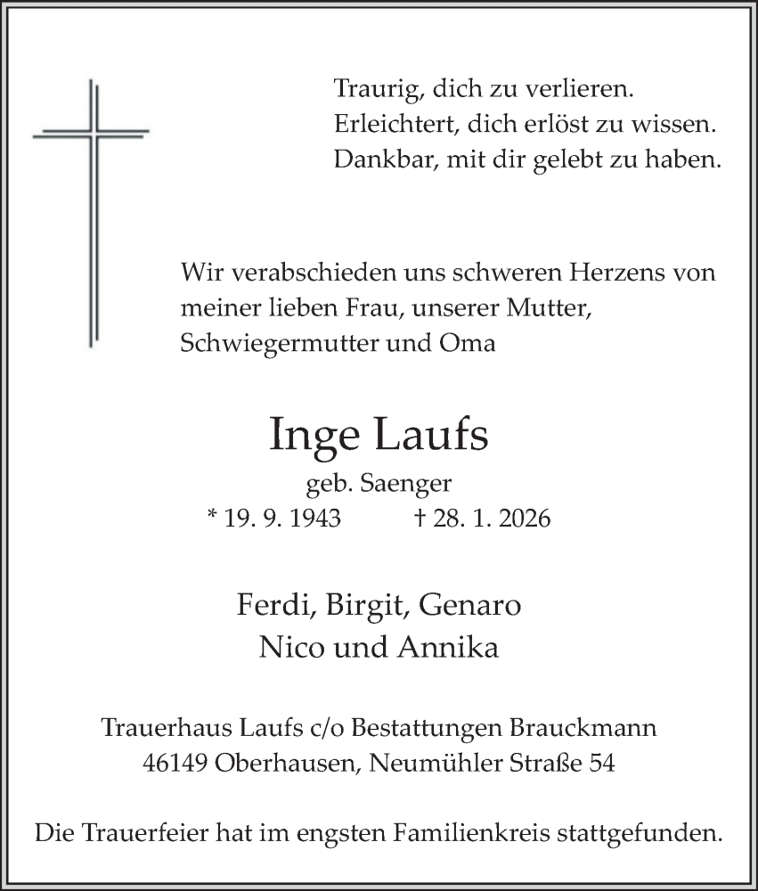  Traueranzeige für Inge Laufs vom 21.02.2026 aus Tageszeitung