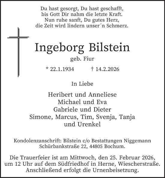 Traueranzeige von Ingeborg Bilstein von Tageszeitung