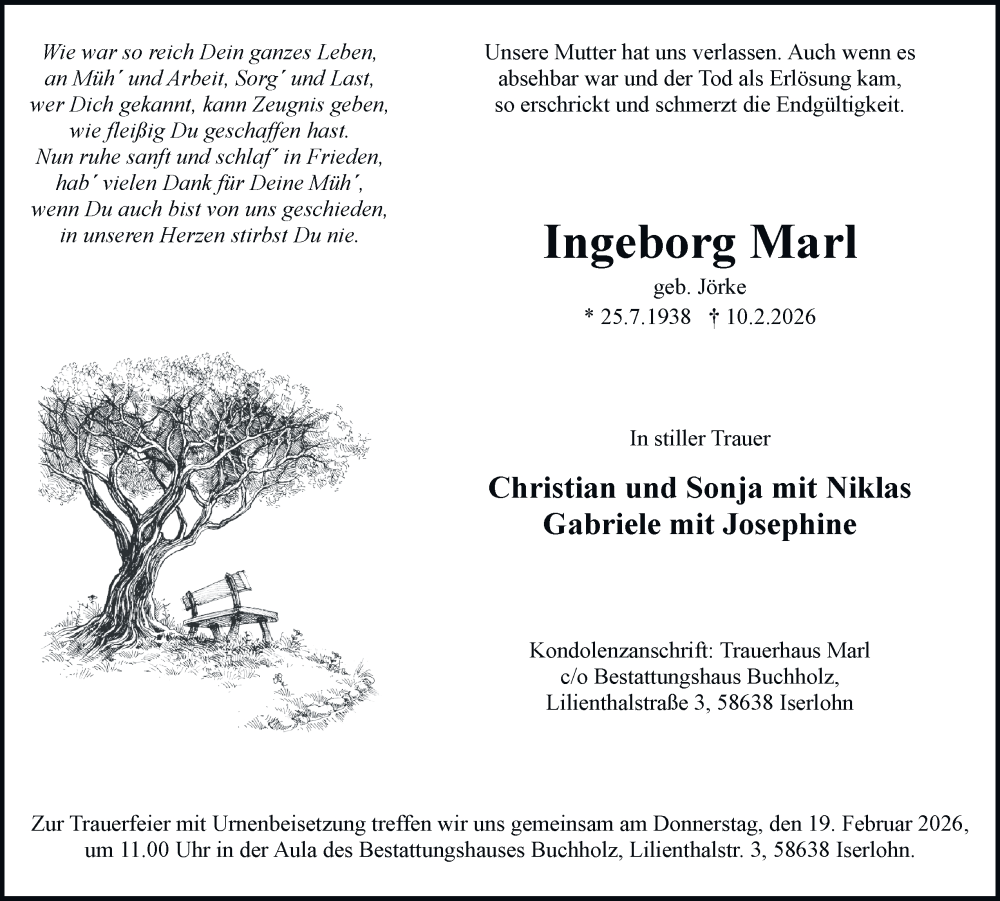  Traueranzeige für Ingeborg Marl vom 14.02.2026 aus Tageszeitung