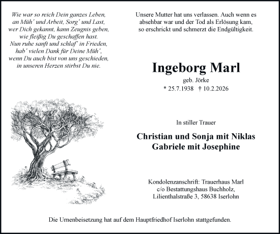 Traueranzeige von Ingeborg Marl von Tageszeitung