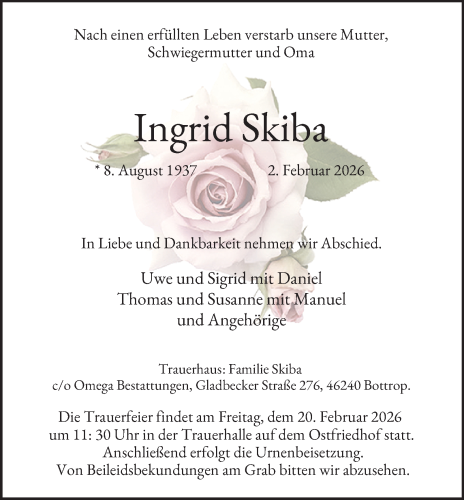  Traueranzeige für Ingrid Skiba vom 14.02.2026 aus Tageszeitung