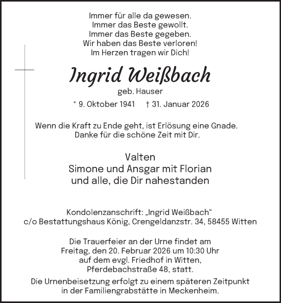 Traueranzeige von Ingrid Weißbach von Tageszeitung