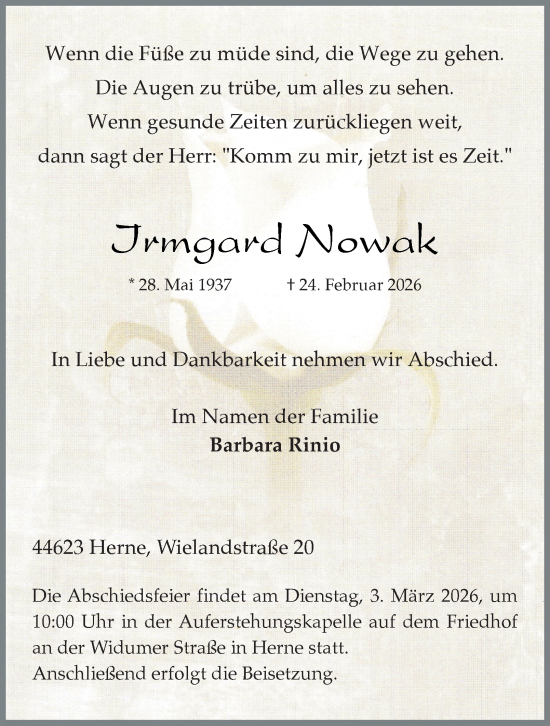 Traueranzeige von Irmgard Nowak von Tageszeitung