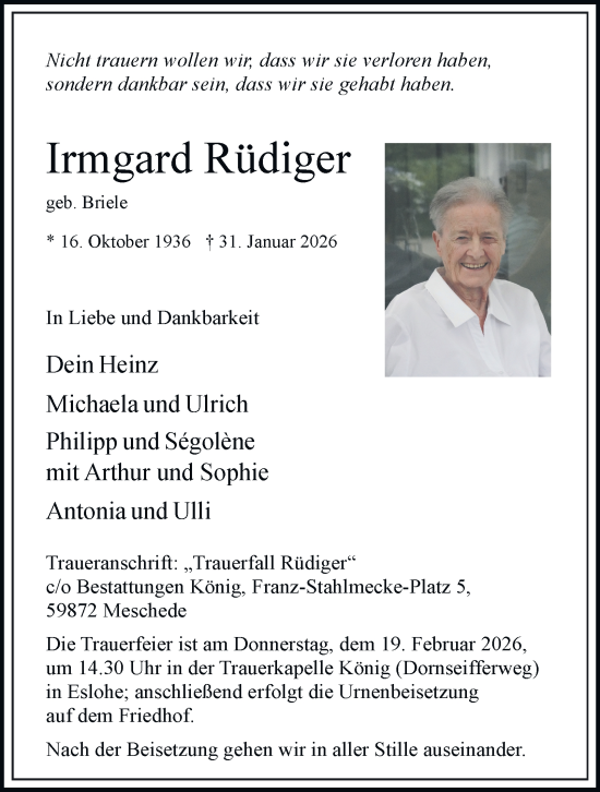 Traueranzeige von Irmgard Rüdiger von Tageszeitung