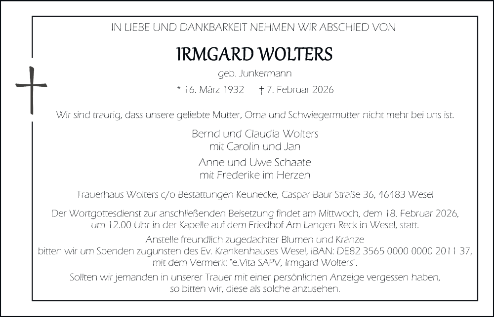  Traueranzeige für Irmgard Wolters vom 14.02.2026 aus Tageszeitung