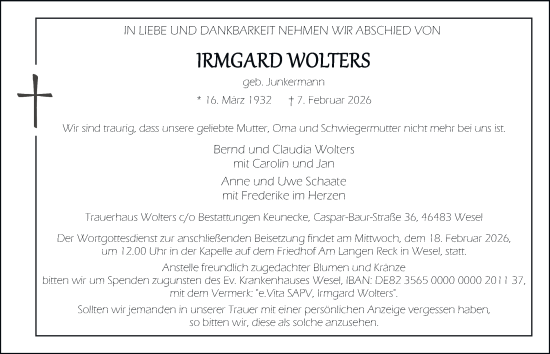 Traueranzeige von Irmgard Wolters von Tageszeitung