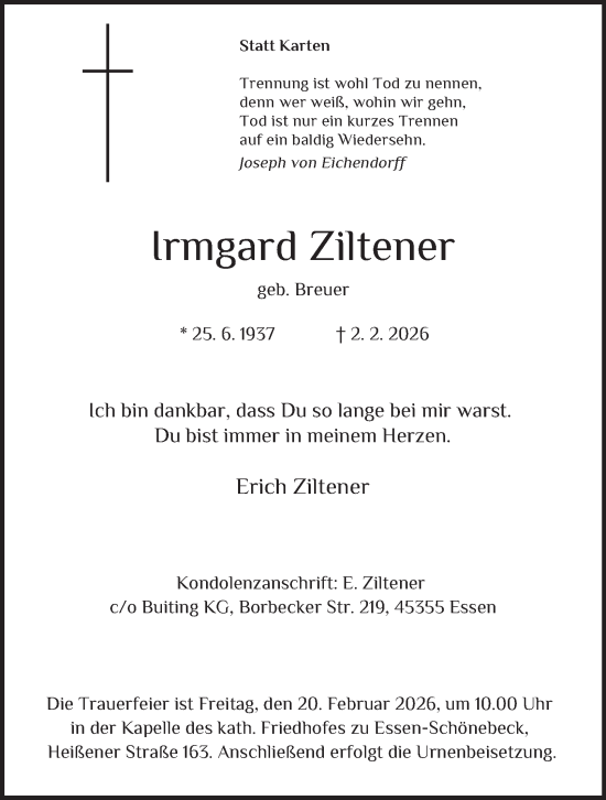 Traueranzeige von Irmgard Ziltener von Tageszeitung