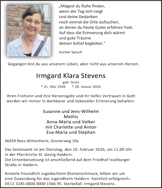 Traueranzeige von Irmgard Klara Stevens von Tageszeitung