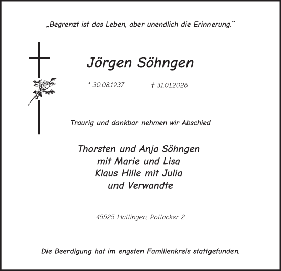 Traueranzeige von Jörgen Söhngen von Tageszeitung