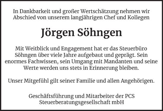 Traueranzeige von Jörgen Söhngen von Tageszeitung