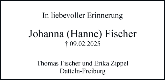 Traueranzeige von Johanna Fischer von Tageszeitung