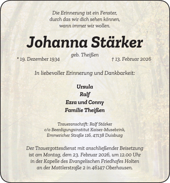 Traueranzeige von Johanna Stärker von Tageszeitung