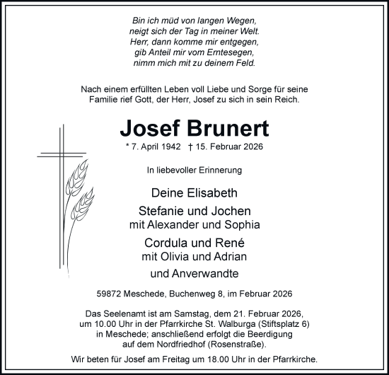 Traueranzeige von Josef Brunert von Tageszeitung