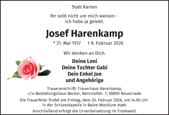 Traueranzeige von Josef Harenkamp von Tageszeitung