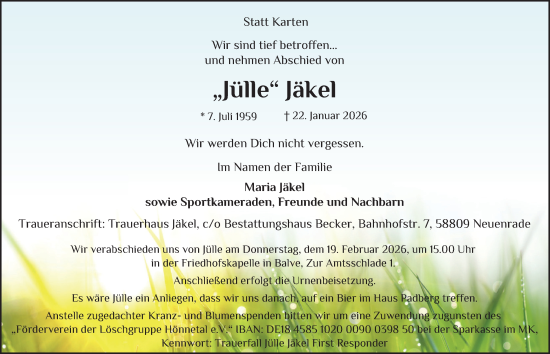 Traueranzeige von Jülle Jäkel von Tageszeitung