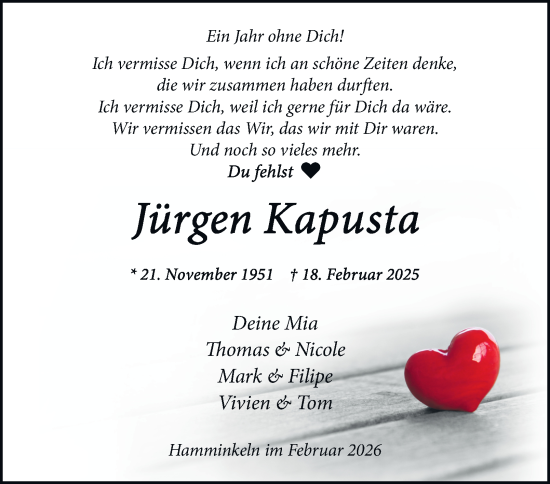 Traueranzeige von Jürgen Kapusta von Tageszeitung