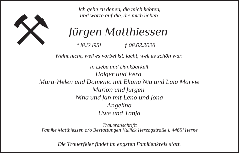  Traueranzeige für Jürgen Matthiessen vom 21.02.2026 aus Tageszeitung