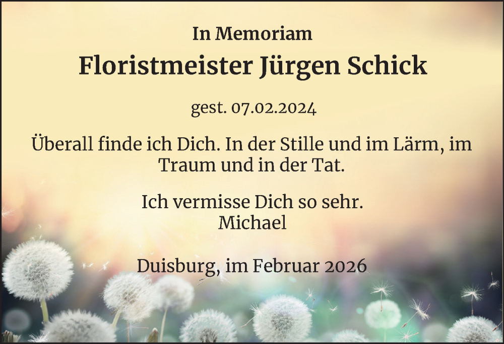  Traueranzeige für Jürgen Schick vom 07.02.2026 aus Tageszeitung