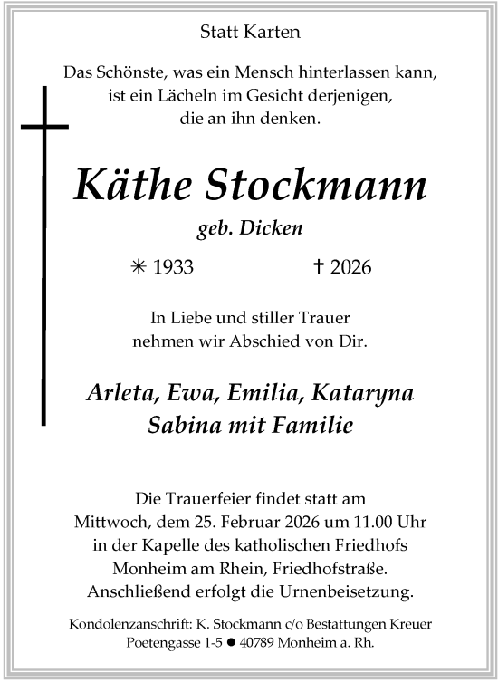 Traueranzeige von Käthe Stockmann von Tageszeitung