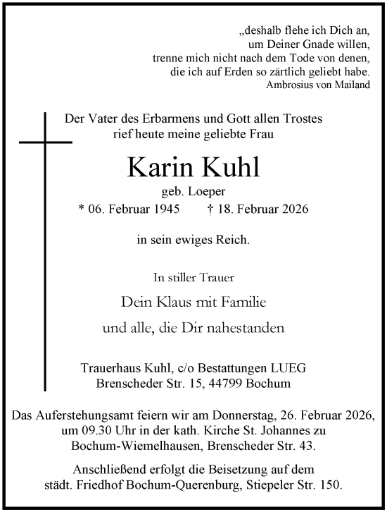 Traueranzeige von Karin Kuhl von Tageszeitung