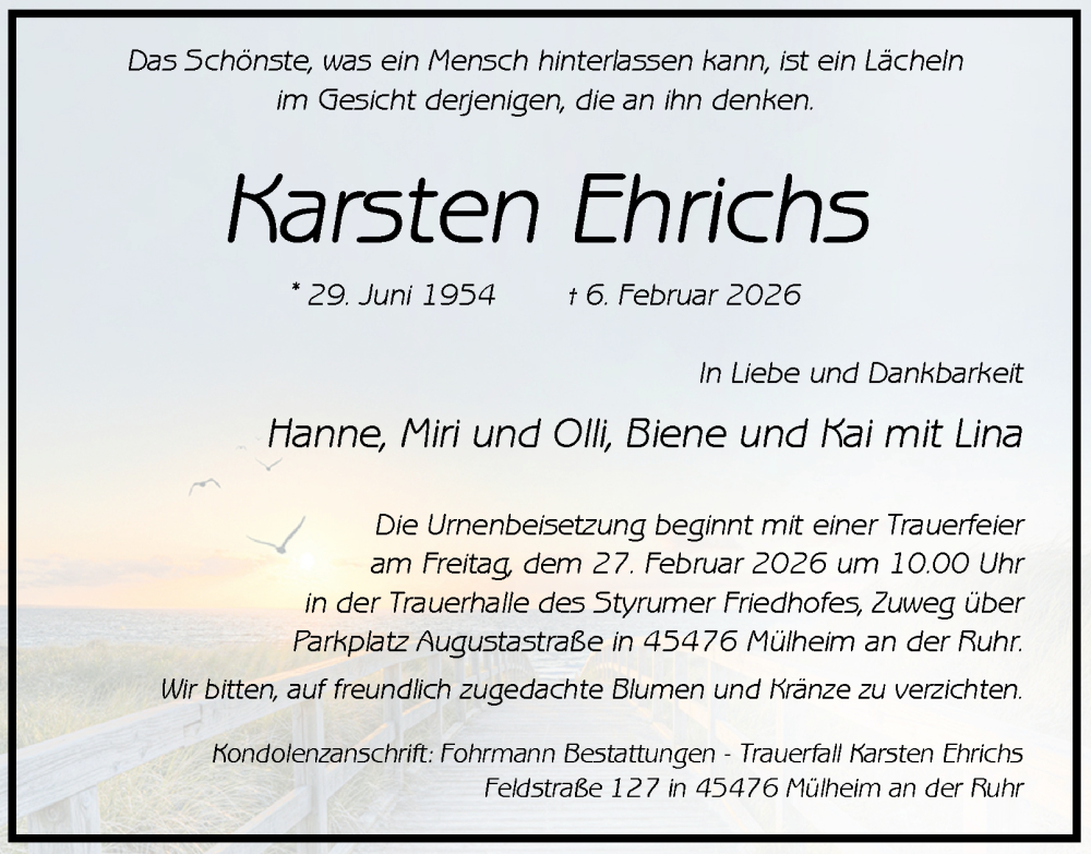  Traueranzeige für Karsten Ehrichs vom 21.02.2026 aus Tageszeitung
