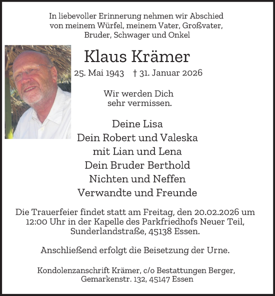Traueranzeige von Klaus Krämer von Tageszeitung