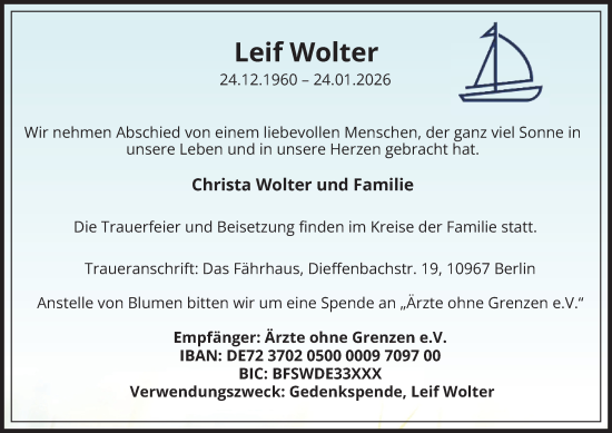 Traueranzeige von Leif Wolter von Tageszeitung