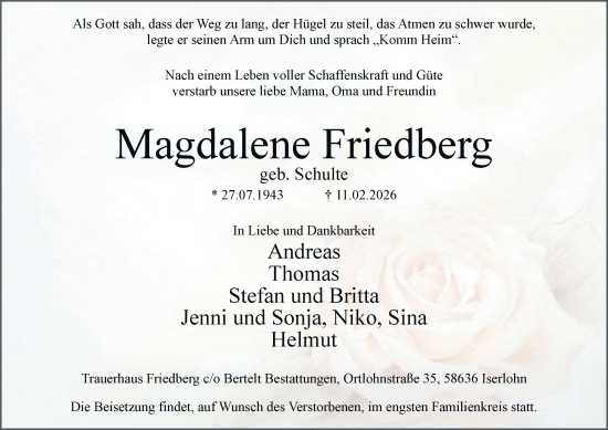 Traueranzeige von Magdalene Friedberg von Tageszeitung
