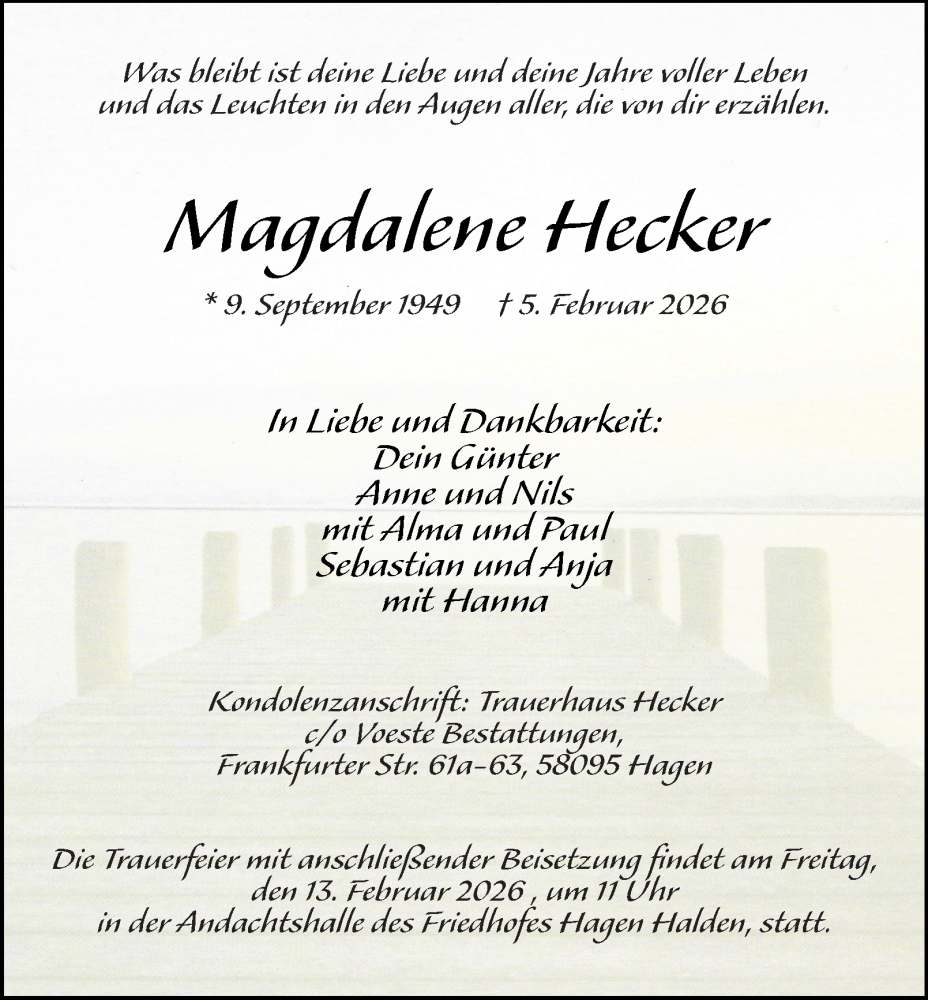  Traueranzeige für Magdalene Hecker vom 11.02.2026 aus Tageszeitung