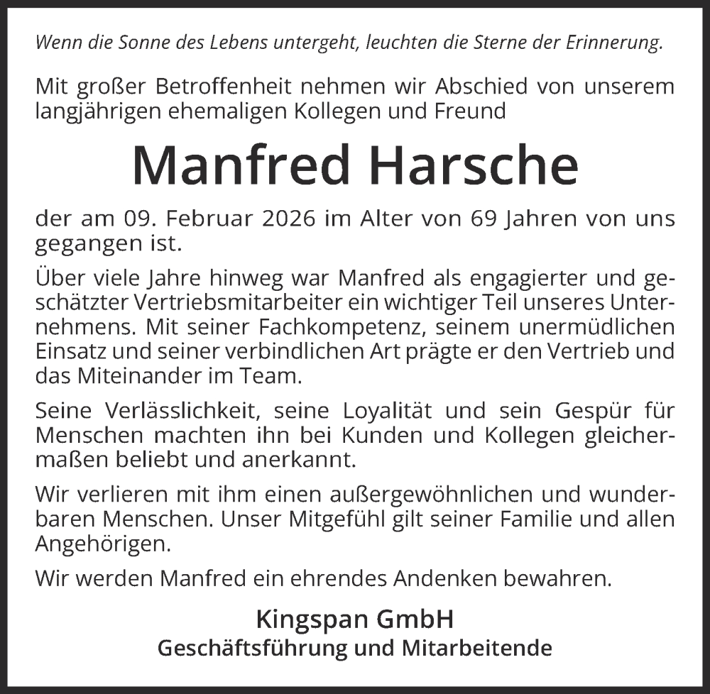  Traueranzeige für Manfred Harsche vom 14.02.2026 aus Tageszeitung